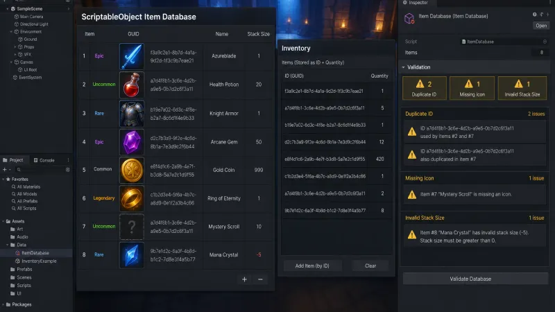 Unity ScriptableObject 아이템 데이터베이스와 인스펙터 툴 확장 구현법