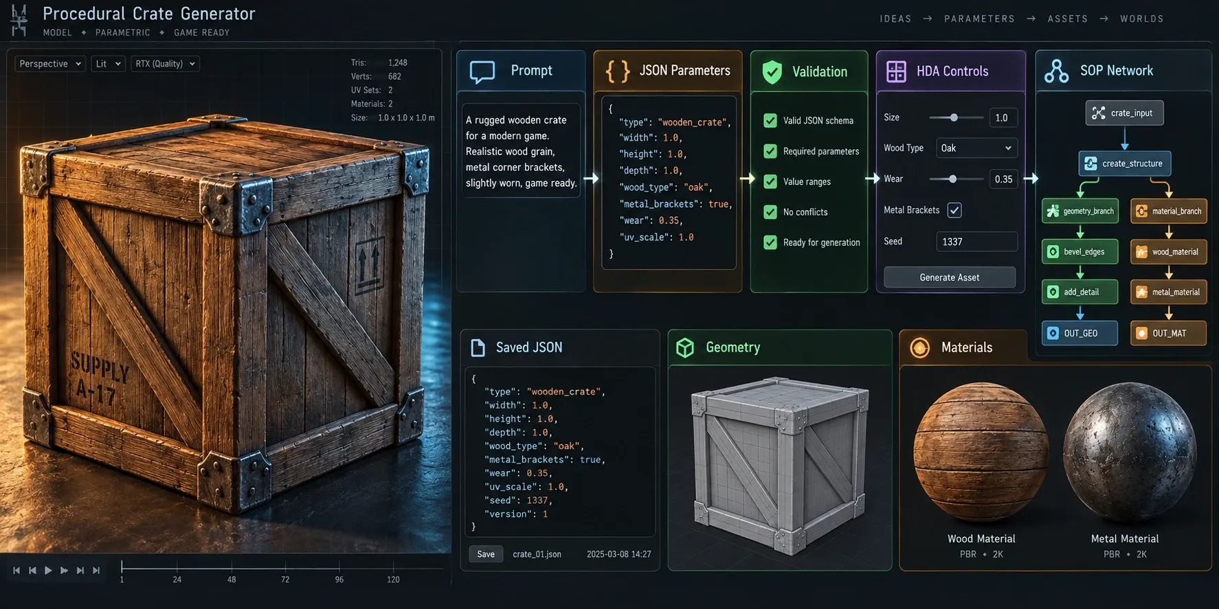 AI 텍스트 프롬프트가 구조화된 JSON 파라미터로 변환되어 Houdini HDA와 SOP 네트워크를 구동하는 흐름