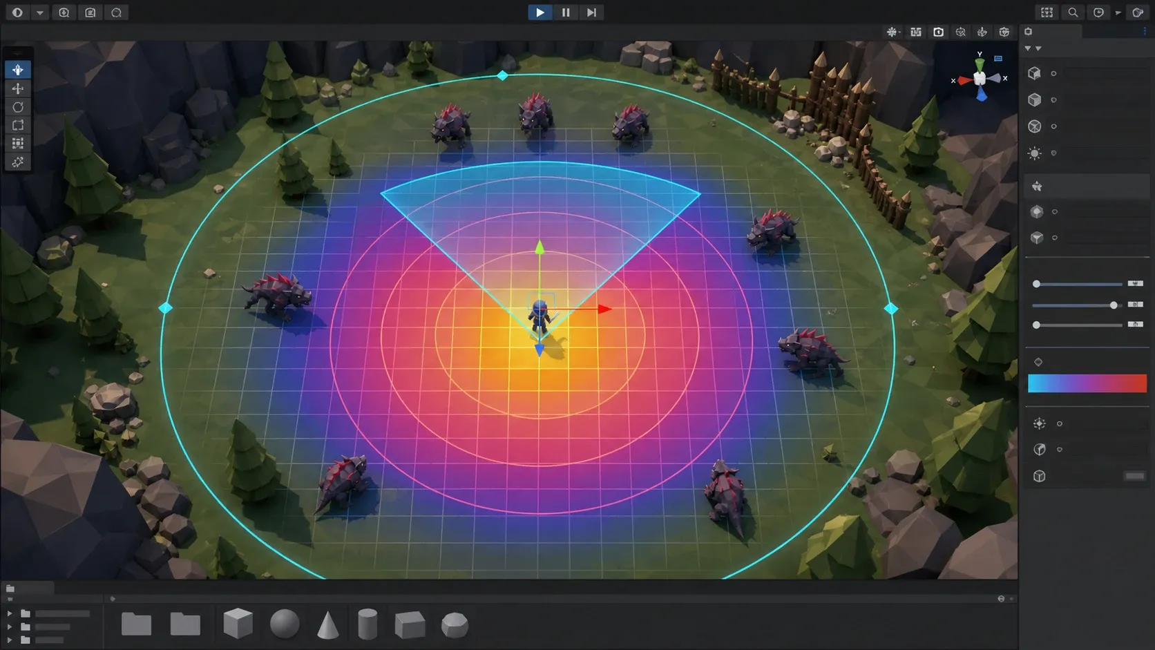 Unity 씬 뷰에서 스킬 사거리와 부채꼴 효과 범위가 Handles 기즈모로 시각화된 모습