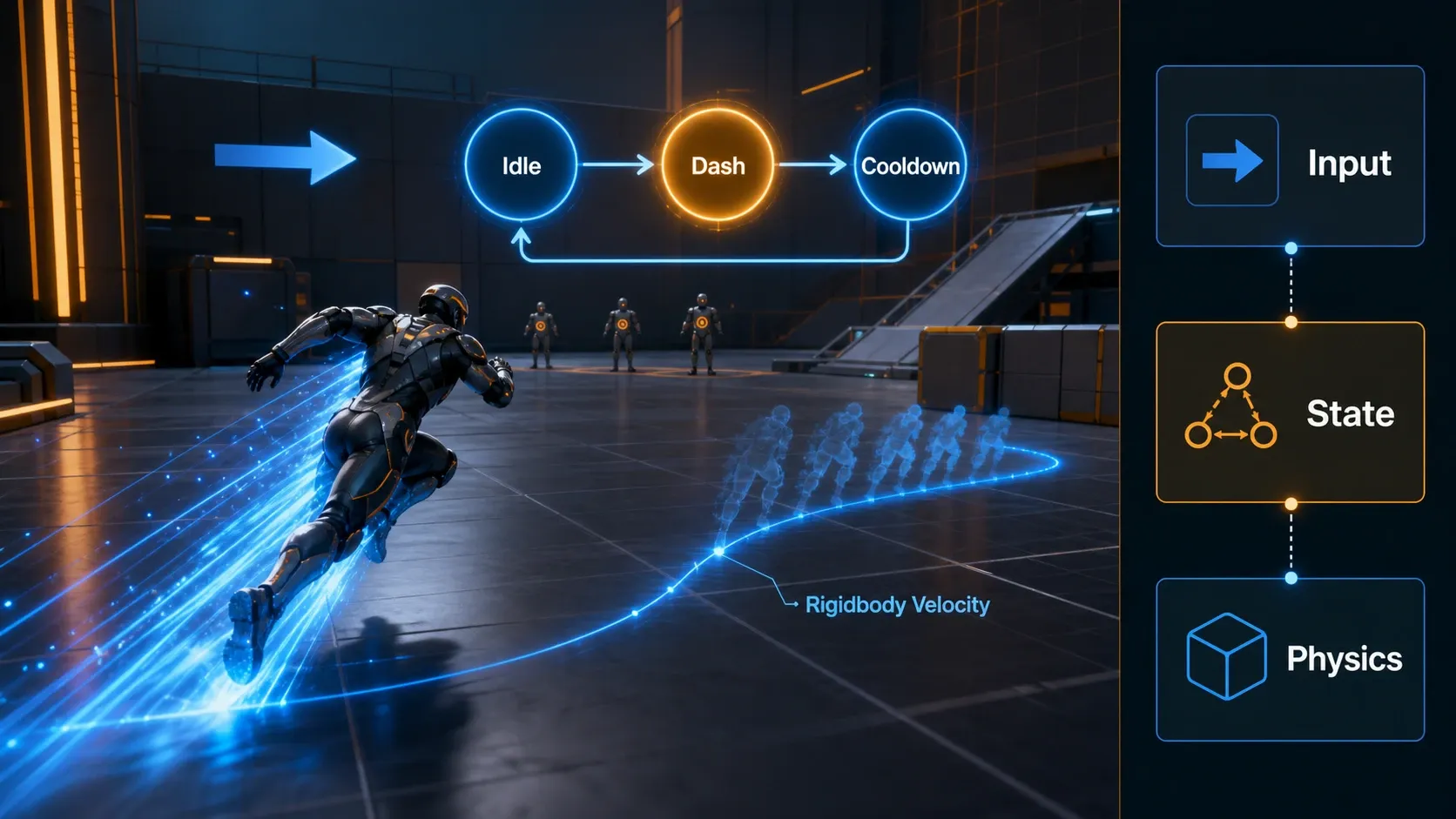 Unity 플레이어 대시 기능의 입력, 상태, 물리 처리를 구분해 표시한 코드 구조 예시