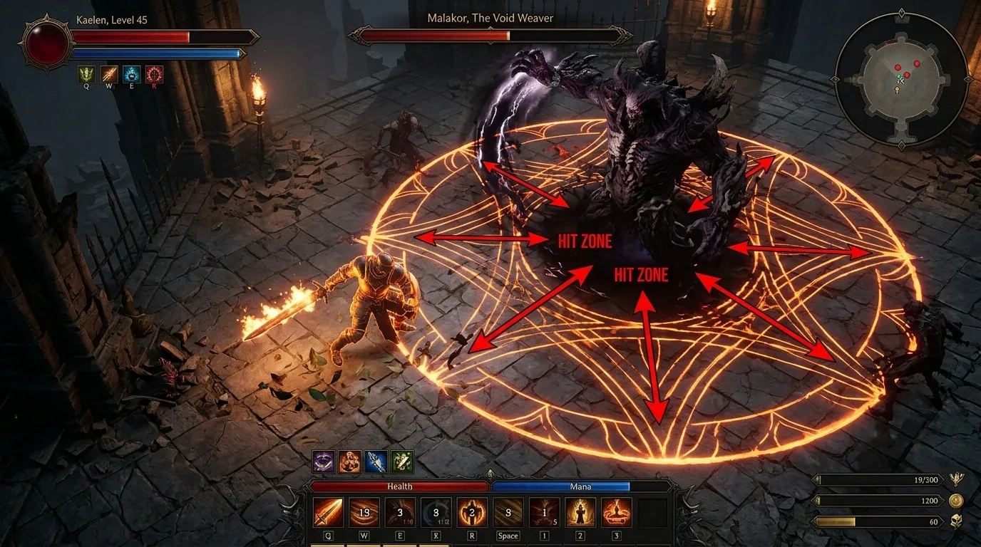 ARPG 전투 영상의 피드백 지점을 표시한 예시