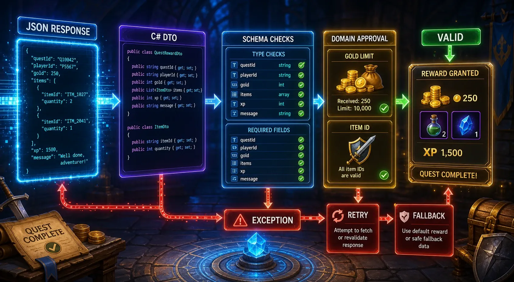 LLM 응답을 DTO 검증과 게임 데이터 승인 단계로 분리한 Unity C# 처리 흐름