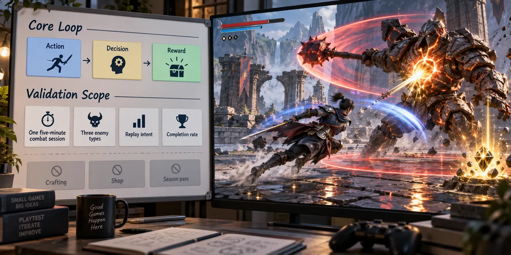 핵심 루프와 검증 범위를 분리해 표시한 게임 MVP 스코프 보드