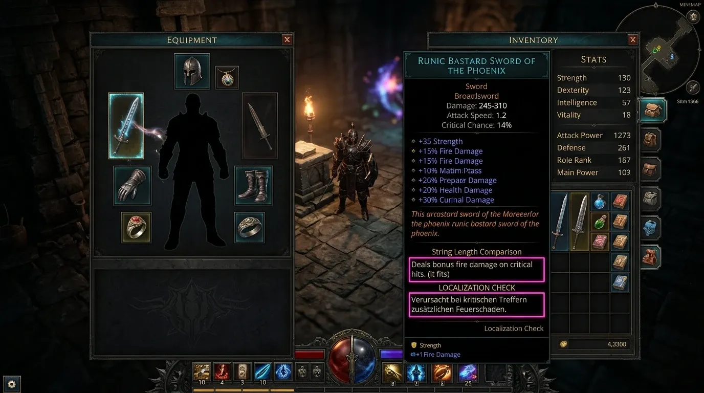 중국어 간체·번체와 독일어·브라질 포르투갈어의 UI 길이 차이를 비교하는 ARPG 인벤토리 화면 예시