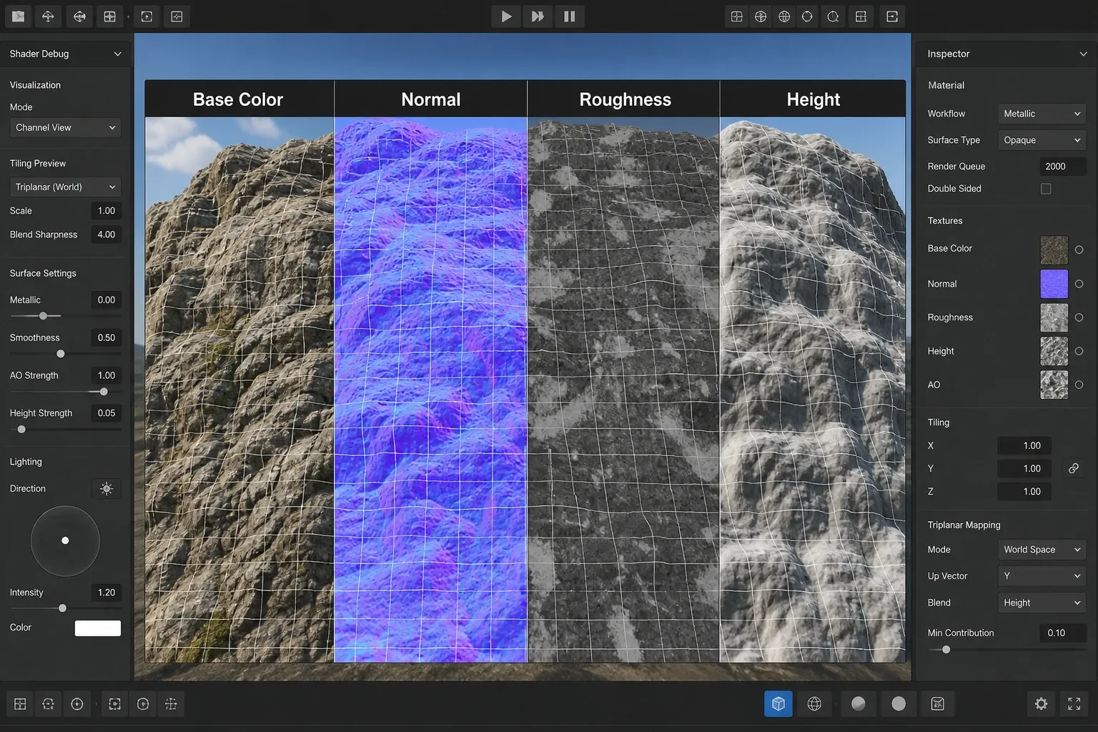 AI 생성 PBR 텍스처의 Base Color, Normal, Roughness, Height 채널을 비교하는 이미지