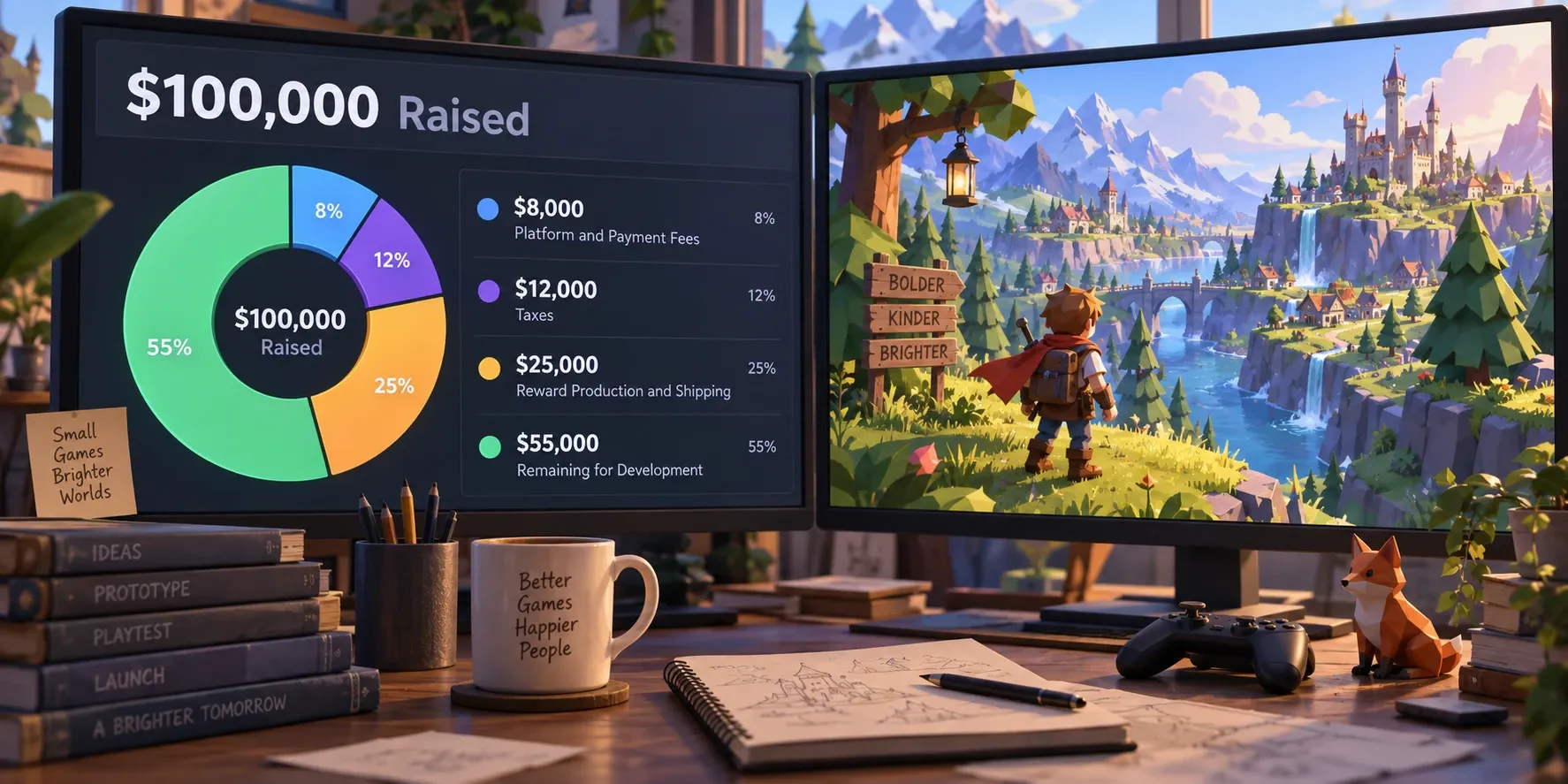게임 Kickstarter 예산을 수수료·세금·보상 이행 비용으로 나누어 계산하는 예시