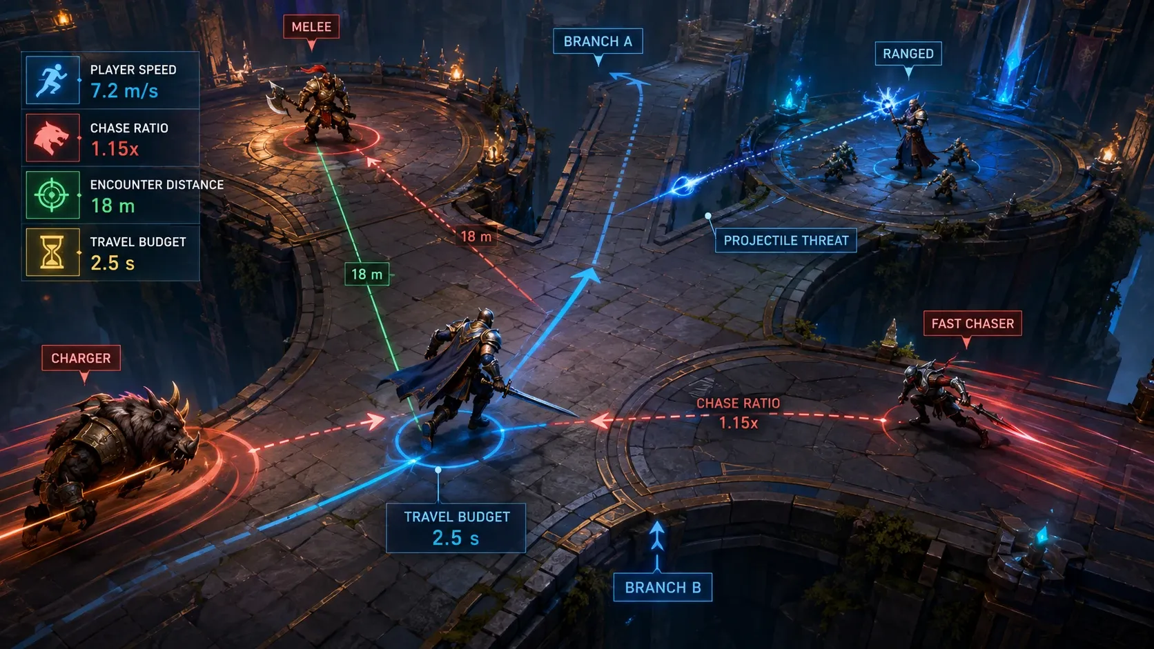 플레이어 이동 속도, 적 추격 속도, 전투 간 거리의 관계를 보여주는 액션 RPG 밸런싱 다이어그램