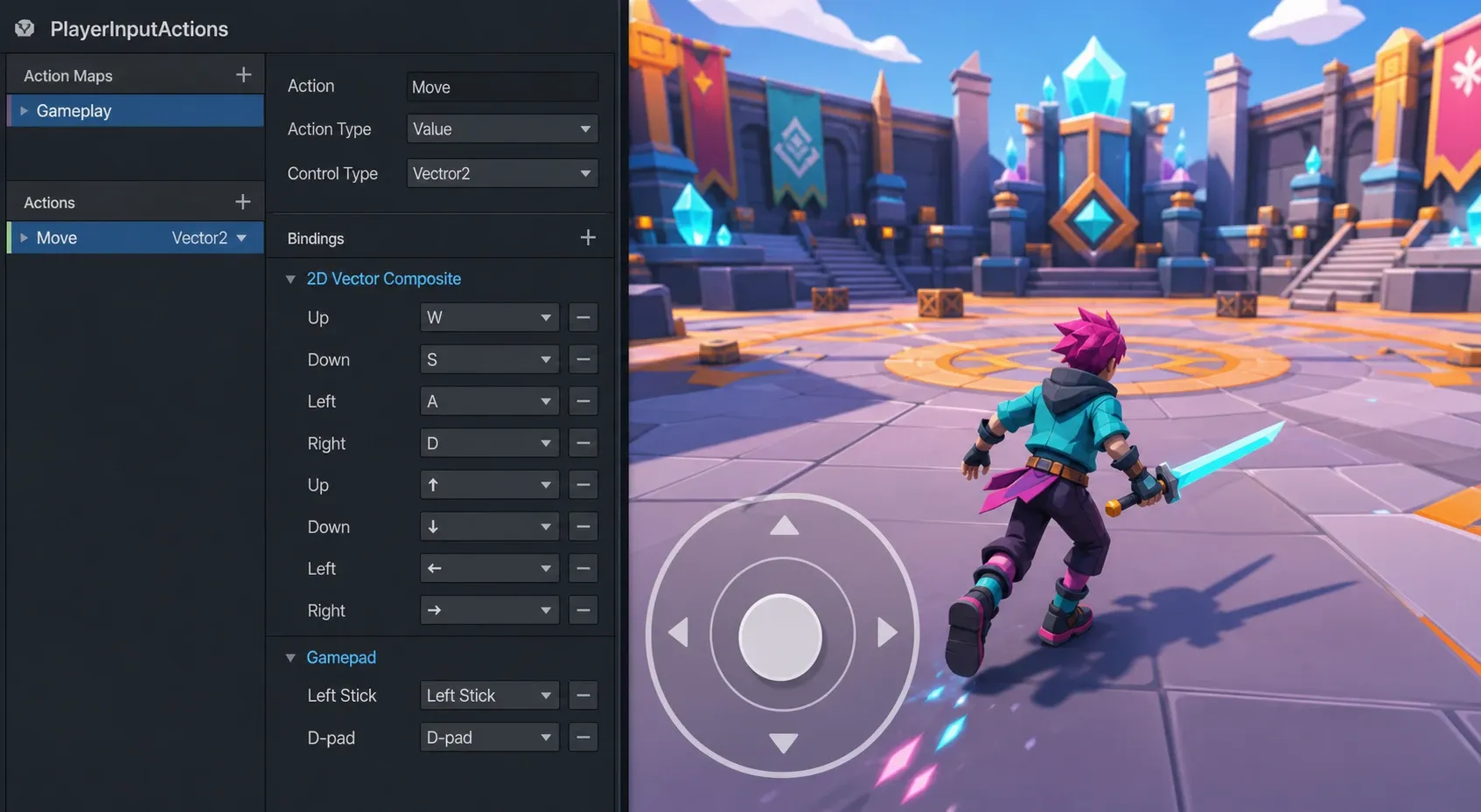 Input Actions 에셋에서 Move 액션에 키보드와 게임패드 바인딩을 연결한 예시