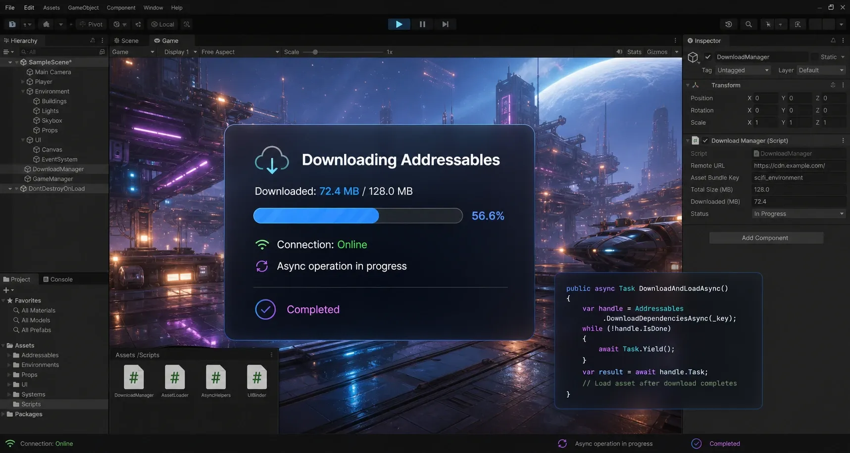 원격 Addressables 번들의 다운로드 크기 확인과 프로그레스 바 갱신 흐름