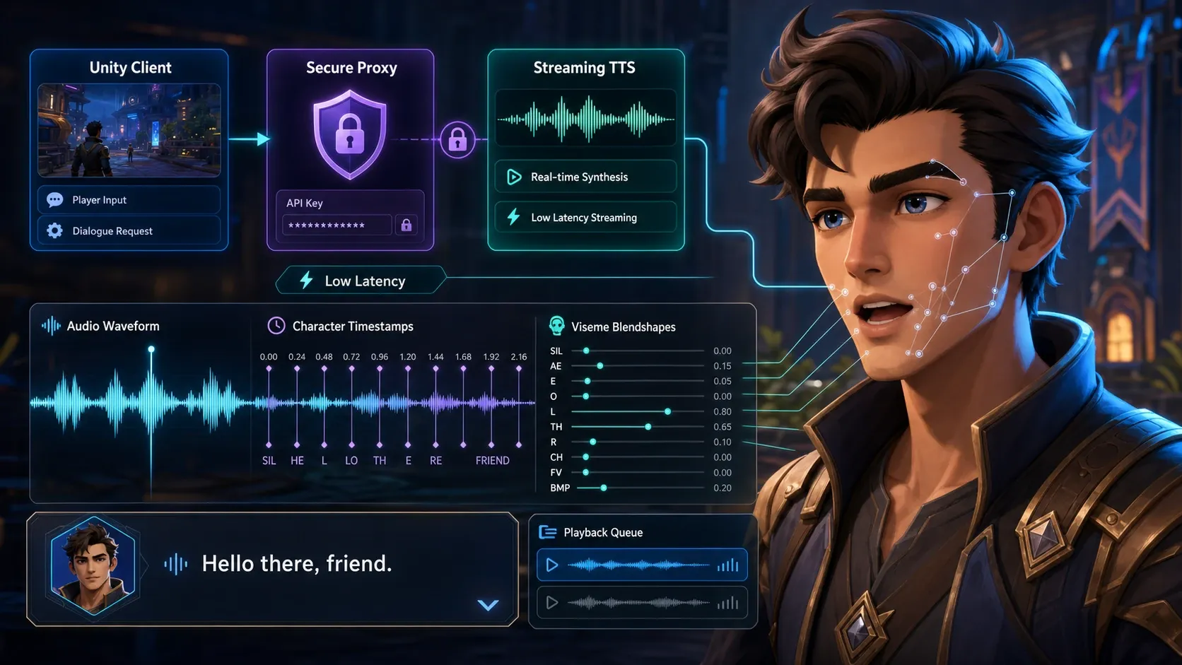 Unity NPC 대화 요청부터 서버 프록시, ElevenLabs 음성 생성, 블렌드셰이프 립싱크까지의 데이터 흐름
