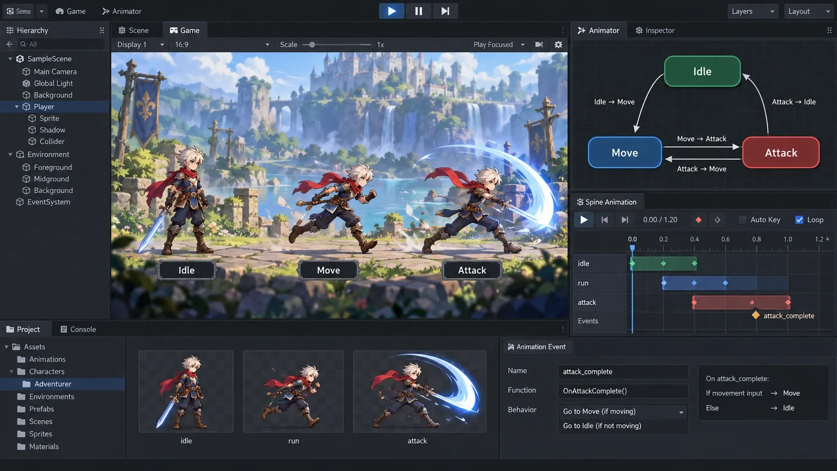 대기와 이동, 공격 상태가 Spine 애니메이션으로 연결된 Unity 2D 캐릭터 상태 머신