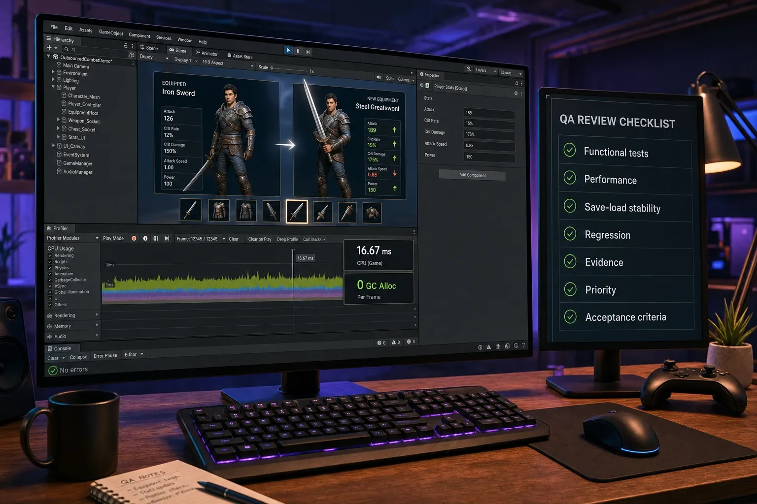 Unity Profiler와 체크리스트를 활용해 외주 프로그래밍 모듈의 기능·성능·오류 로그를 검수하는 장면