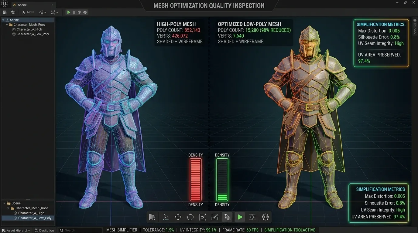 Mesh Simplifier 적용 전후의 삼각형 수와 실루엣, UV 심 품질을 비교하는 3D 모델 검수 화면