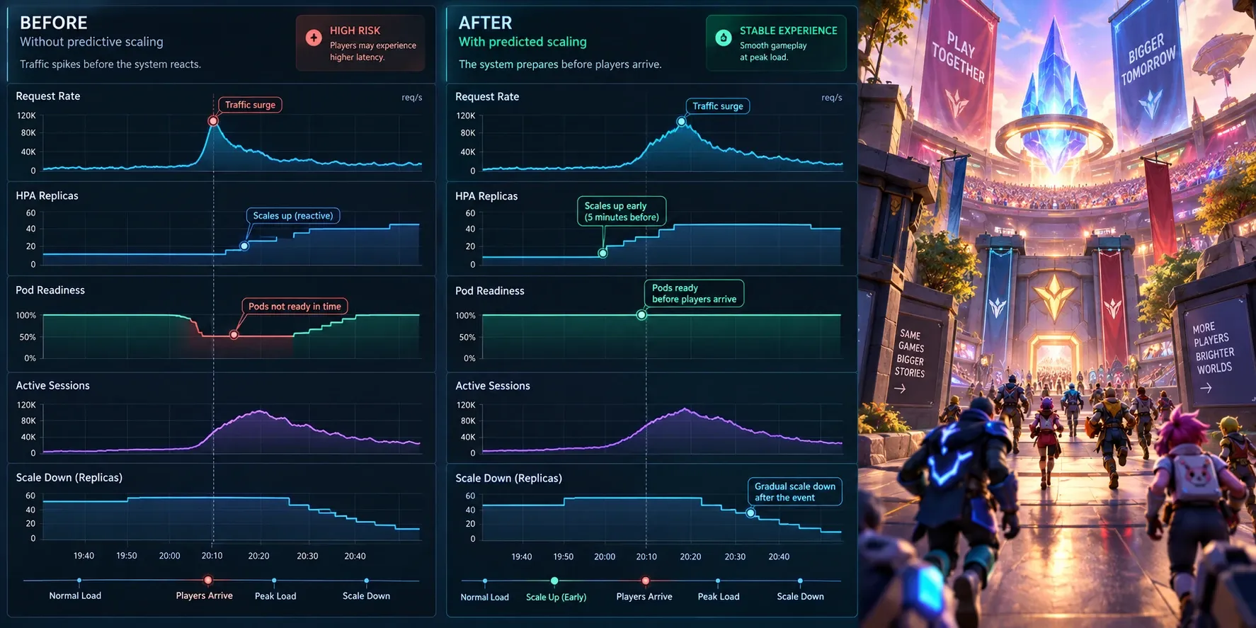 게임 서버 Pod 확장 전후의 요청률, HPA replicas, 준비 상태를 비교하는 Grafana 패널 예시