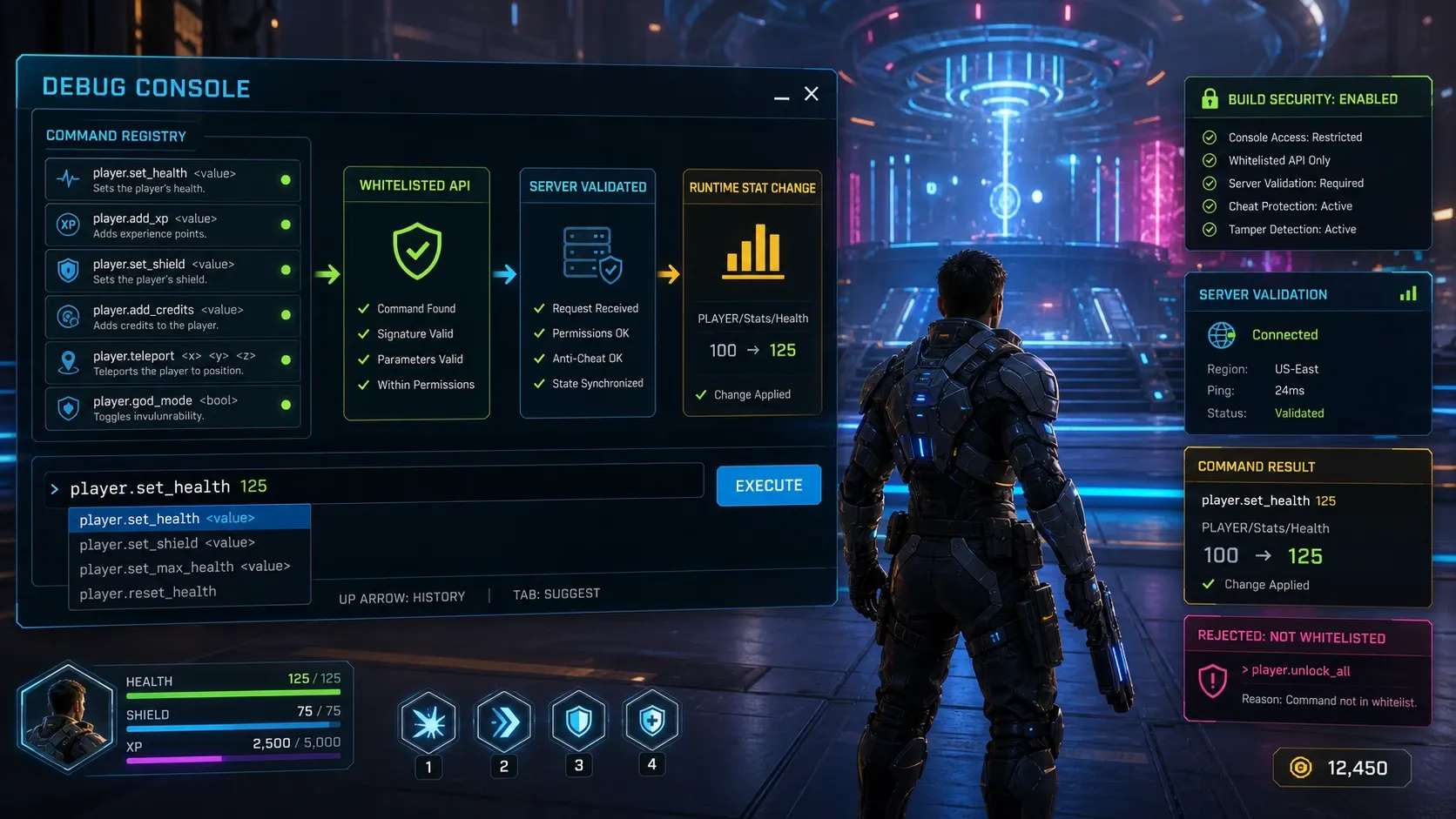 명령어 등록부와 화이트리스트 Debug API를 거쳐 게임 상태를 변경하는 Unity 콘솔 구조