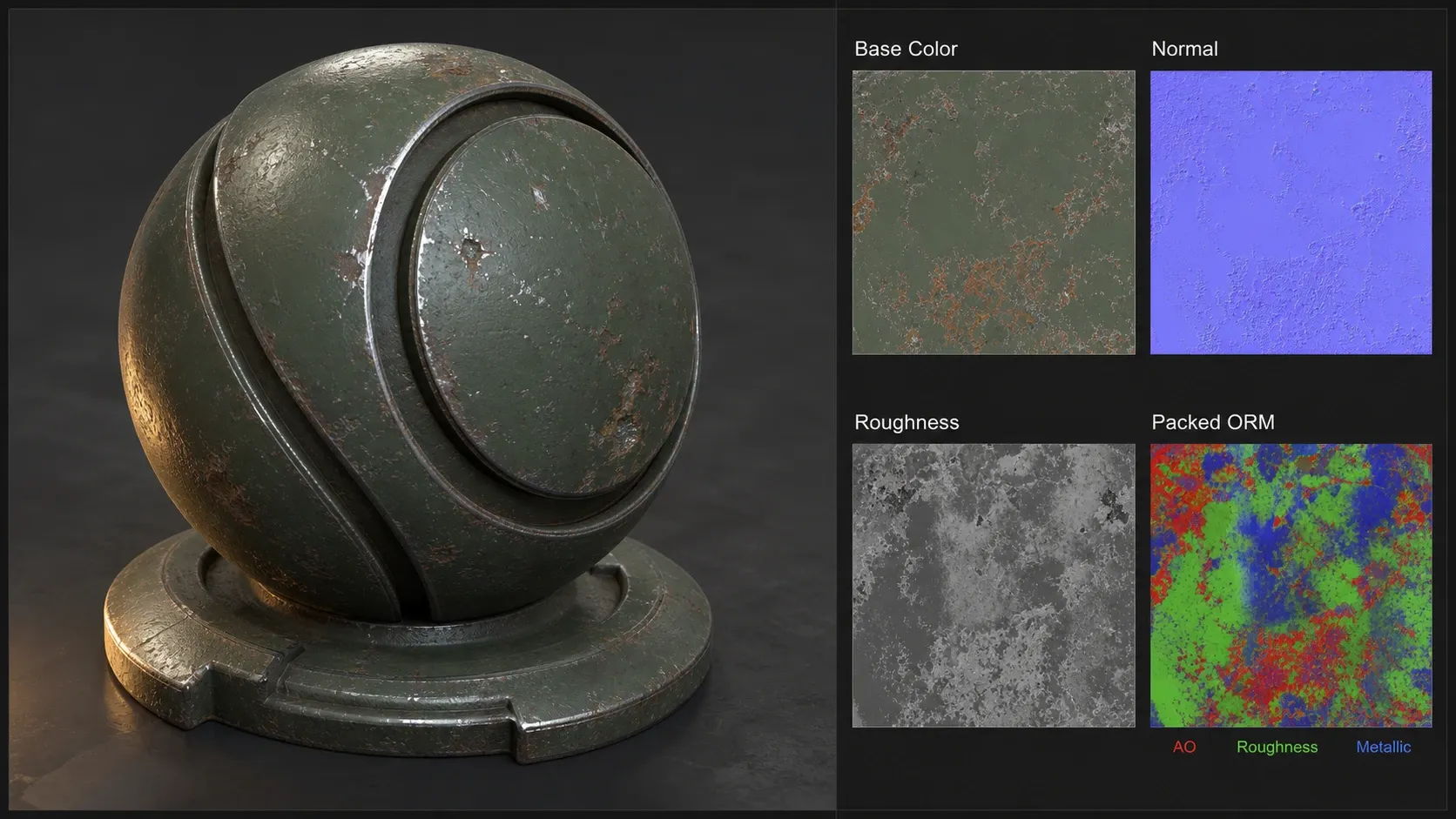 Base Color, Normal, Roughness, ORM 채널을 분리해 검수하는 PBR 텍스처 작업 화면