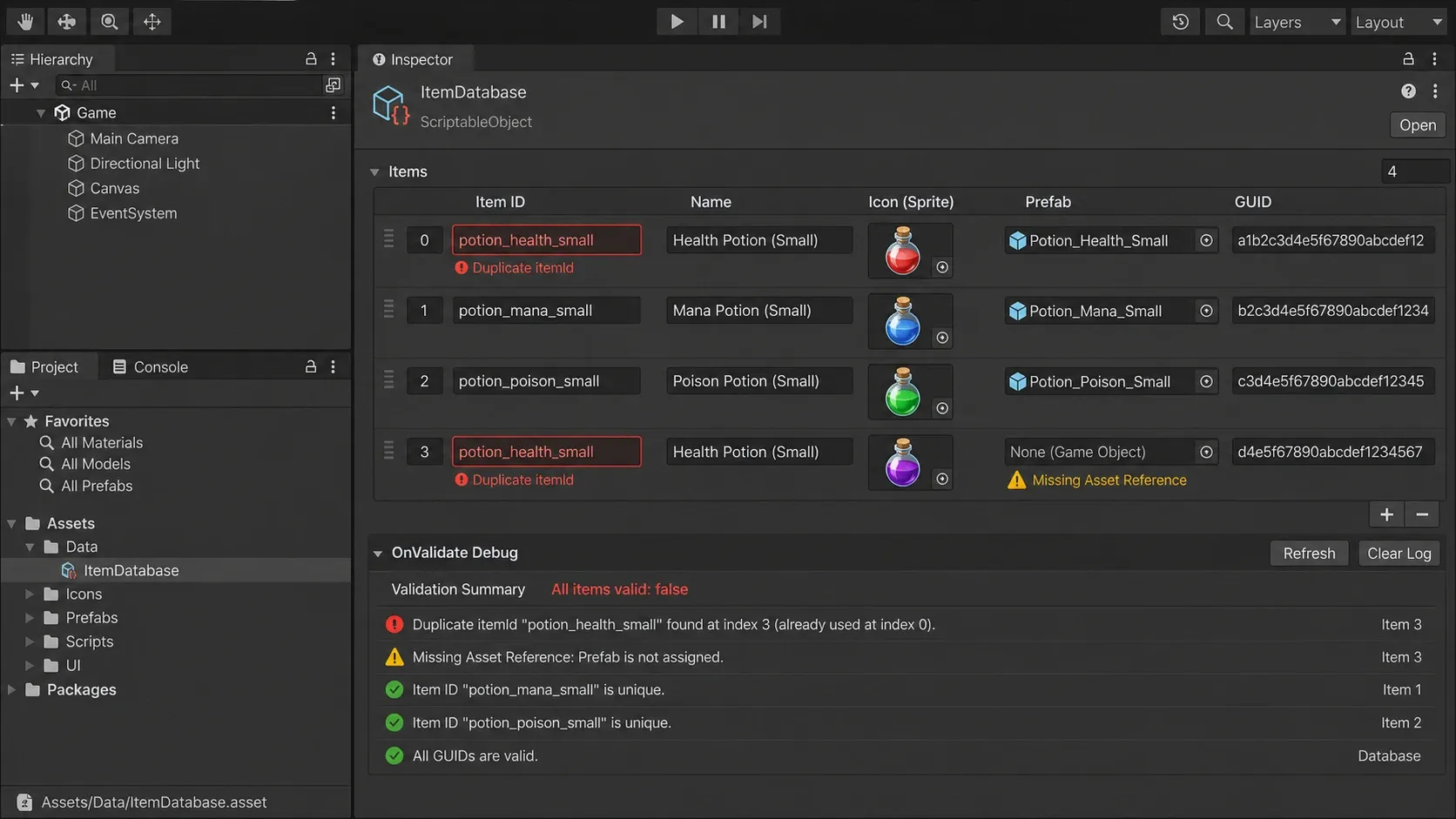 Unity ItemDatabase 인스펙터에서 중복 itemId와 빈 참조 오류를 표시하는 예시
