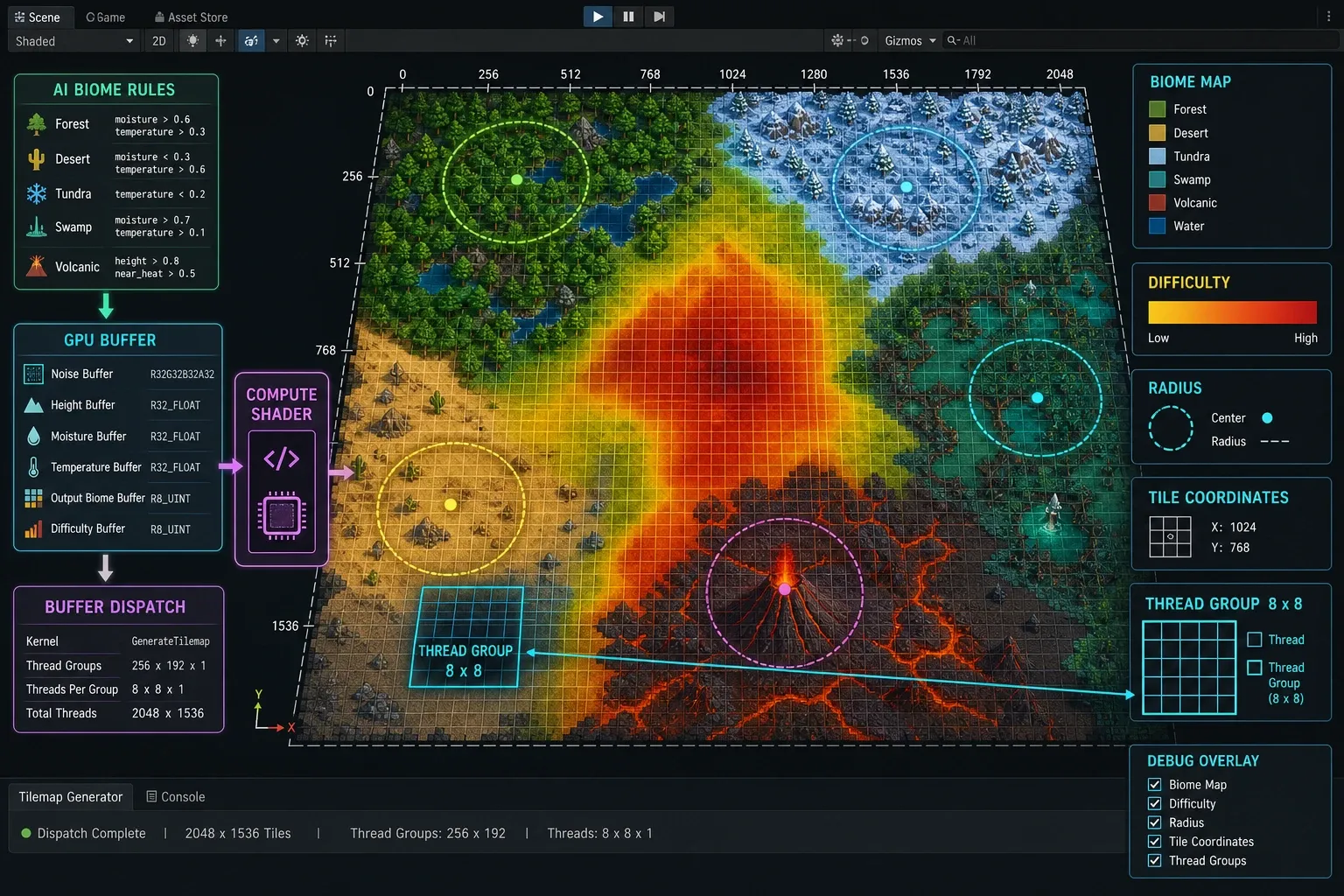 타일 좌표별 Compute Shader 스레드 그룹과 생물군계 반경 판정 예시