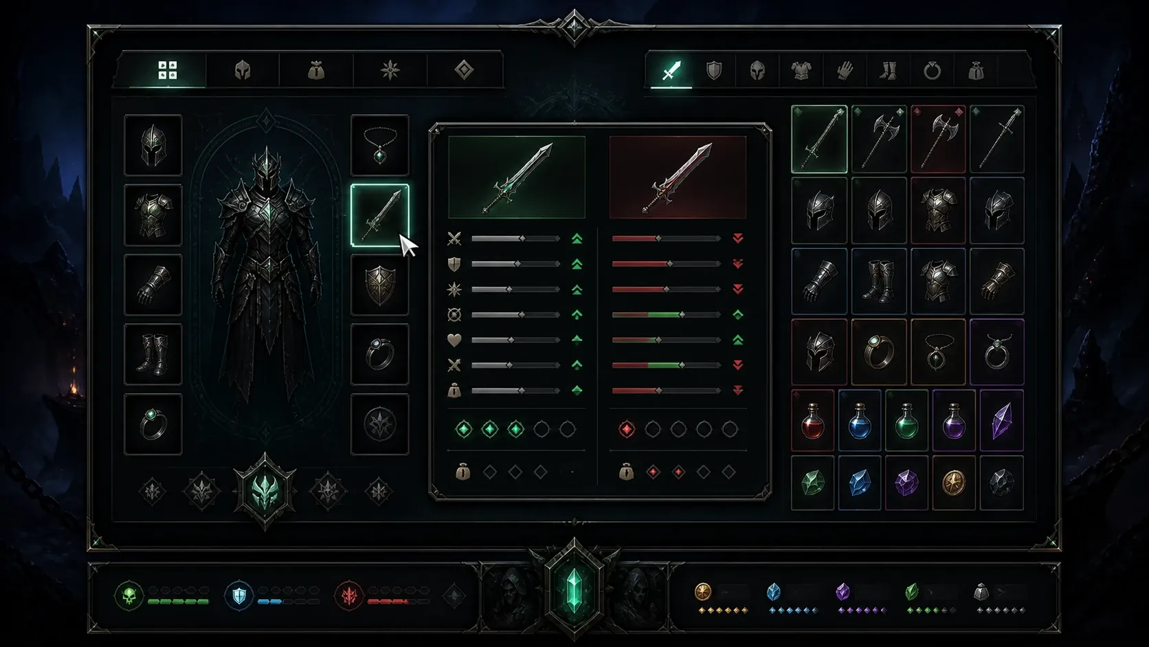 장착 아이템과 비교 대상 아이템의 스탯 차이가 색상별로 표시된 툴팁 UI
