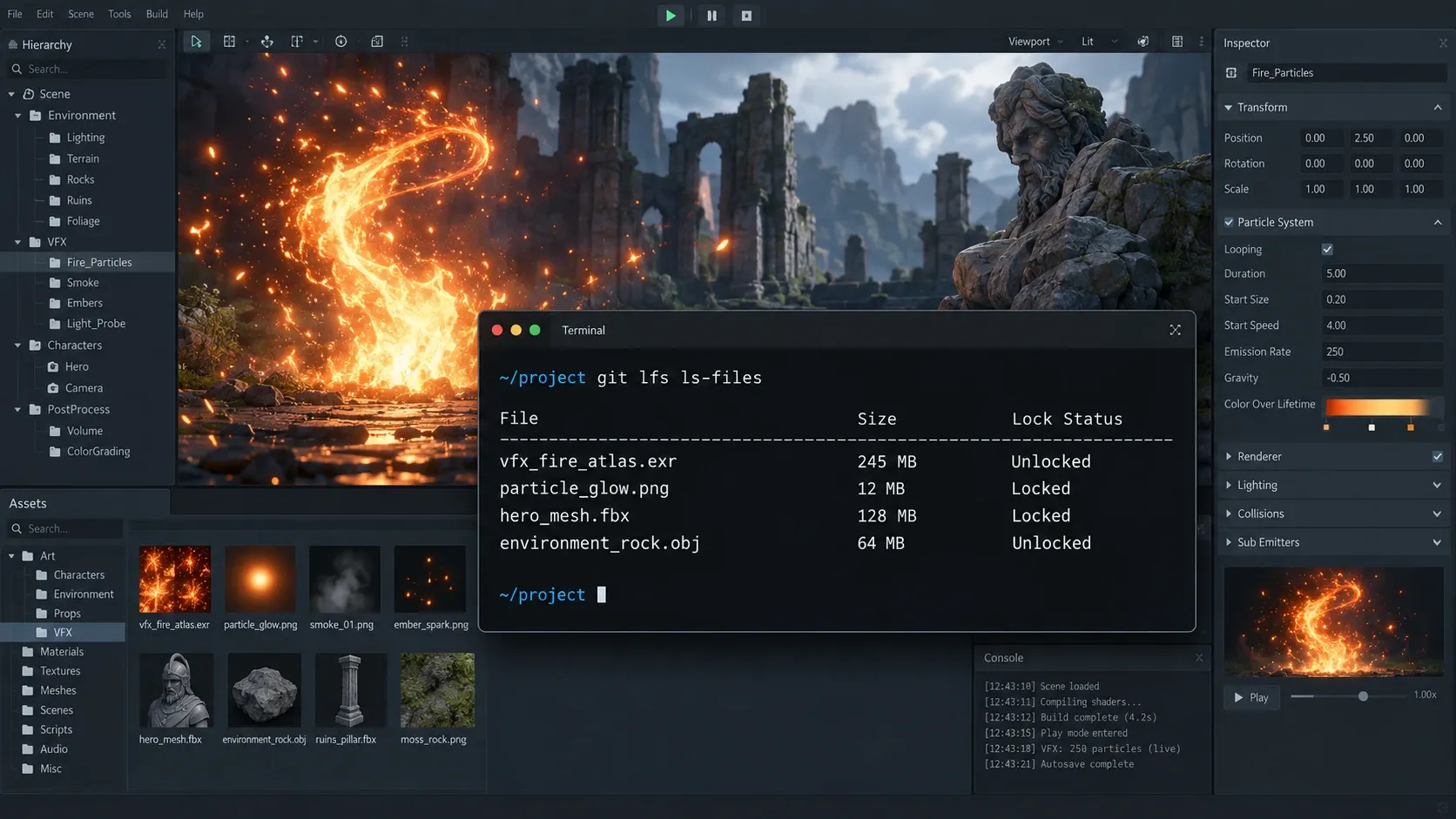 VFX 텍스처와 3D 메시의 Git LFS 추적 상태를 터미널에서 점검하는 화면