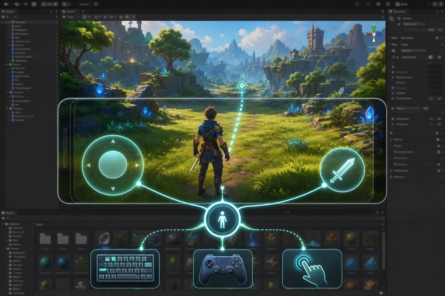 모바일 Canvas에 On-Screen Stick과 On-Screen Button을 배치한 예시
