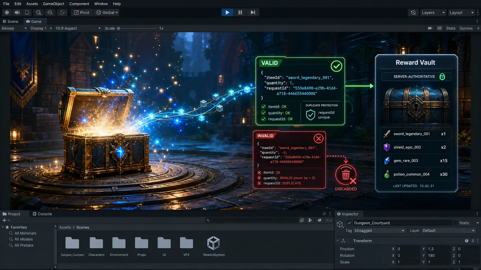검증된 LLM 보상 결과만 Unity UI와 서버 권한 보상 시스템으로 전달하는 구조