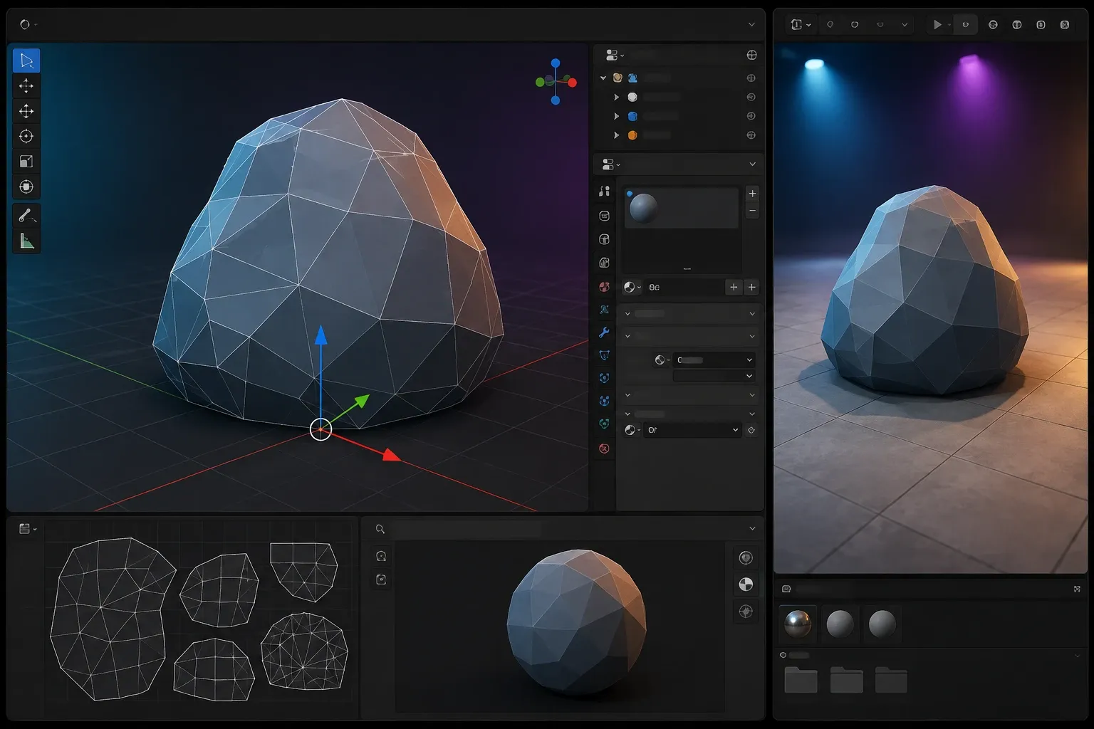 Blender에서 바닥 중심 Origin과 UV를 확인하는 로우폴리 메시 화면