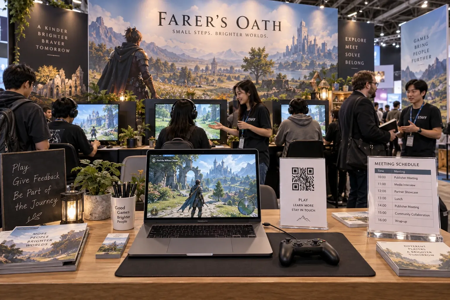노트북, 게임패드, QR 코드 안내판, 미팅 일정표가 정리된 해외 게임쇼 부스 운영 테이블