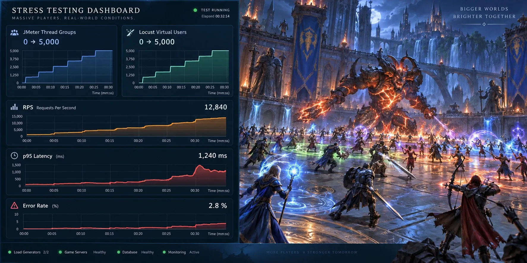 JMeter 스레드 그룹과 Locust 사용자 수를 단계적으로 증가시키며 지표를 비교하는 화면 예시